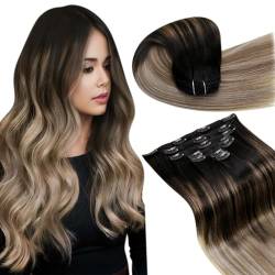 LaaVoo Extensions Echthaar Clip in Ombre Schwarz Clips Haarverlängerung Echthaar Aschbraun Mittelblond Balayage Haarextensions Echthaar Clip Doppelt Tressen 7pcs 105g #1B/8/22 von LaaVoo