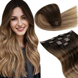 LaaVoo Extensions Echthaar Clips Ombre Braun Echthaar Extensions Clip in Braun Balayage Mittelbruan Aschblond Remy Clip in Extensions Echthaar Doppelt Tressen 5Stücke 70g #2/6/18 von LaaVoo