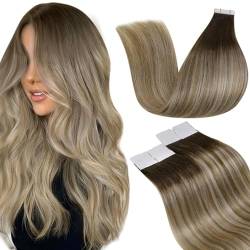 LaaVoo Extensions Echthaar Tape in Ombre Braun Echthaar Extensions Dunkelbraun zu Hellbraun und Hellblond Tape in Haarverlängerung Echthaar Remy 50G 20PCS #3T8/24 35cm von LaaVoo