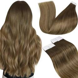 LaaVoo Extensions Echthaar Tapes Braun Ombre Echthaar Tape Extensions Hellbraun Blond Balayage Tape in Extensions Echthaar Remy Menschlichem Haar 20PCS #6/8/14 50g 50cm von LaaVoo