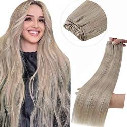 LaaVoo Extensions Echthaar Tressen zum Einähnen Blond Remy Haarverlängerung Echthaar Tressen Aschblond Highlighted Platinblond Sew in Weft Hair Extensions Echthaar Glatt 80g #P19/60 35cm von LaaVoo