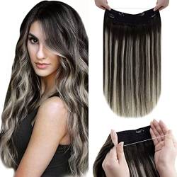 LaaVoo Extensions Echthaar mit Draht Ombre Schwarz Invisible Secret Wire Extensions Balayage Schwarz Silber Extensions Echthaar mit Unsichtbarem Draht Glatt 35cm 80g #1b/s/1b von LaaVoo