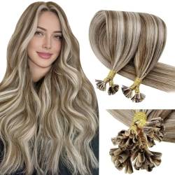 LaaVoo Haarverlängerung Echthaar Keratin Braun Blond Bonding Extensions Echthaar Keratin 50cm U Tip Extensions Echthaar Highlights Hellbraun und Hellblond 1g/s 50G/50s #p8/24 von LaaVoo