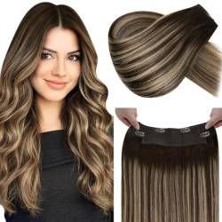 LaaVoo Invisible Secret Wire Extensions Echthaar Balayage Braun Extensions Echthaar mit Draht Dunkelbraun Ombre Aschblond Fish Line Echthaar Extensions Balayage Braun 30cm 80 Gramm #4/18/4 von LaaVoo