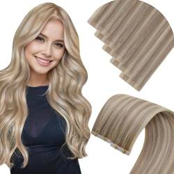 LaaVoo Invisible Tape Extensions Echthaar Blond Highlight Echthaar Extensions Tape Virgin Aschblond Highlights Hellblond Extensions Echthaar Tape Seamless 10Gramm #P18/613 40cm 5pcs von LaaVoo