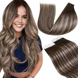 LaaVoo Invisible Tape in Echthaar Extensions Braun Balayage Extensions Echthaar Tape Dunkelbraun Ombre Aschblond Skin Weft Extensions Echthaar Tape in Hair Extensions 50g 20pcs #4/18/4 50cm von LaaVoo