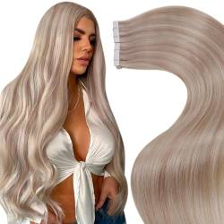 LaaVoo Invisible Tape in Extensions Echthaar Blond Extensions Echthaar Tape in Seamless Haarverlängerung Echthaar Ashblond Highlighted Hellblond 20pcs 30g #p18/613 30cm von LaaVoo