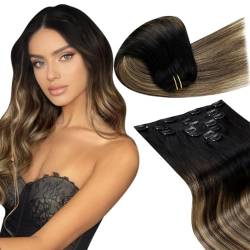 LaaVoo Ombre Clips in Echthaar Extension Braun Haar Extensions Echthaar Clips Schwarz Braun Balayage Karamellblond Unsichtbar Extensions Clip in Echthaar 40cm 7pcs 105g #1b/4/27 von LaaVoo