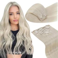 LaaVoo Platinblond Clip Extensions Echthaar Glatt 40cm Clip in Blond Echthaar Extensions Voller Kopf 7pcs/105g Doppelt Tressen Clip Haarverlängerung Remy Echthaar Platinblond von LaaVoo