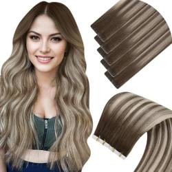 LaaVoo Tape Echthaar Extensions Balayage Blond Echthaar Extension Tape Virgin Dunkelbraun bis Hellbraun Invisible Tape Echthaar Extensions Seamless 35cm 10g #4/7/80 5pcs von LaaVoo