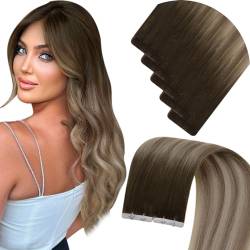 LaaVoo Tape Extensions Echthaar Braun Balayage Echthaar Extensions Tape Virgin 10g Tape Echthaar Extensions Inject Dunkelbraun bis Hellbraun Blond Glatt #4/7/80 10pcs 40cm von LaaVoo