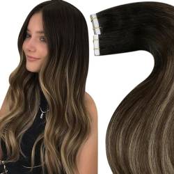 LaaVoo Tape Extensions Echthaar Braun Ombre Echthaar Tape in Extensions 50cm Haarverlängerung Echthaar Tape Ombre Schwarz zu Braun mit Karamellblond 25g 10pcs #1b/4/27 von LaaVoo