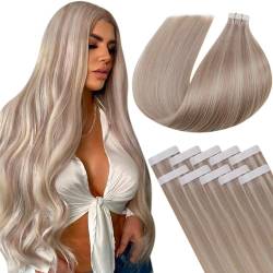 LaaVoo Tape in Extensions Echthaar Blond Echthaar Extensions Tape 40cm Remy Haarverlängerung Echthaar Tape Extensions Blond Highlight Gebleichtes Blond #p18/613 10pcs 25g von LaaVoo