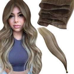 LaaVoo Virgin Extensions Echthaar Tressen Balayage Braun Echthaar Extensions Tressen Zum Einnähen 45cm Tressen Extension Echthaar Inject Hellbraun Ombre Platinblond 25g #7/7/icy von LaaVoo