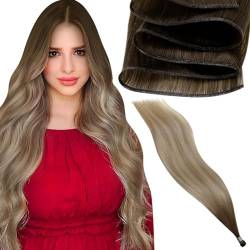 LaaVoo Virgin Extensions Echthaar Tressen Braun Ombre Haarverlängerung Echthaar Tressen Braun 45cm Tressen Extensions Echthaar Virgin 25g Dunkelbraun Balayage Hellbraun Blond #4/7/80 von LaaVoo