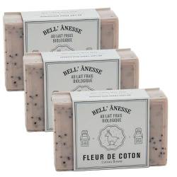 Label Provence - Doppelseitige Peeling-Seife mit französischer Seife – für Weichmachung, Befeuchtung und Pflege für alle Hauttypen – Baumwollblumen- und Eselmilchduft – 125 g – 3er-Set von Label Provence