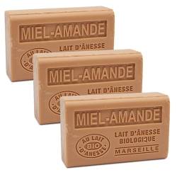Label Provence Savon de Marseille – Französische Seife mit frischer Bio-Eselsmilch – Mandel-Honig-Duft – 125 g – Set mit 3 Stück von Label Provence
