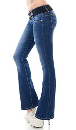 Label by Trendstylez Damen Bootcut Stretch Jeans Schlag Hose inkl .Gürtel Blue Washed WT367 Größe 36 von Label by Trendstylez
