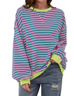 Labolliy Frauen Gestreiftes übergroßes Sweatshirt Farbblock Rundhalsausschnitt Langarm Casual Pullover Top Herbst Y2K Kleidung, Grün , L von Labolliy