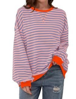 Labolliy Gestreiftes Oversize-Sweatshirt für Damen, Farbblock, Rundhalsausschnitt, langärmelig, lässiger Pullover, Top, Herbst, Y2K Kleidung, rosa, blau, L von Labolliy