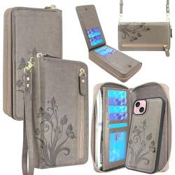 Lacass Schutzhülle kompatibel mit iPhone 15 / iPhone 14 / iPhone 13, Crossbody-Doppelreißverschluss, abnehmbare Leder-Brieftaschen-Handyhülle (florales Grau) von Lacass
