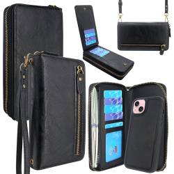 Lacass Schutzhülle kompatibel mit iPhone 15 / iPhone 14 / iPhone 13, Crossbody-Dual-Reißverschluss, abnehmbare Leder-Brieftaschen-Handyhülle, Schwarz von Lacass