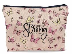 Lacosu Christliche Bibelvers Sprüche 31:25 She is Strong Butterfly Make-up-Tasche Kosmetiktasche Reißverschlusstasche Kulturbeutel, christliches Geschenk für Frauen Glaube Teenager Mädchen von Lacosu