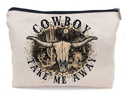 Lacosu Cowboy Take Me Away Retro Western Country Bull Skull Kaktus Make-up-Tasche Make-up Tasche Kleine Reißverschlusstasche Geschenke für Frauen Cowgirl Geschenke für Mädchen von Lacosu