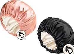 LadayPoa 2 Stück Damen Satin Schlafmütze Seiden haube für lockiges Haar，Satin Haarhaube zum Schlafen große doppellagige verstellbare Satinhaube für Frauen Pink+Black von LadayPoa