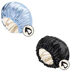 LadayPoa 2 Stück Damen Satin Schlafmütze Seiden haube für lockiges Haar，Satin Haarhaube zum Schlafen große doppellagige verstellbare Satinhaube für Frauen von LadayPoa