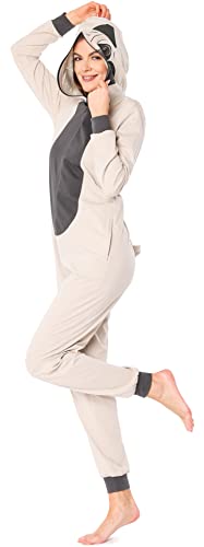 Ladeheid Damen Schlafoverall Tierkostüm aus Baumwolle Jumpsuit bunt Tiermotiv Verkleidung Schlafanzug Einteiler mit Kapuze LA40-234 (Beige Mops, XL) von Ladeheid