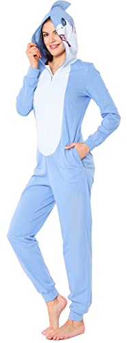 Ladeheid Damen Schlafoverall Tierkostüm aus Baumwolle Jumpsuit bunt Tiermotiv Verkleidung Schlafanzug Einteiler mit Kapuze LA40-234 (Blau Hai, M) von Ladeheid