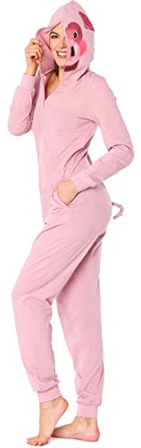 Ladeheid Damen Schlafoverall Tierkostüm aus Baumwolle Jumpsuit bunt Tiermotiv Verkleidung Schlafanzug Einteiler mit Kapuze LA40-234 (Rosa Schweinchen, L) von Ladeheid