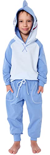 Ladeheid Kinder Mädchen Jungen Langarm Schlafanzug aus Baumwolle Tierkostüm Pyjama bunt mit Tiermotiv Verkleidung mit Kapuze LA40-236 (Blau Hai, 134-140) von Ladeheid