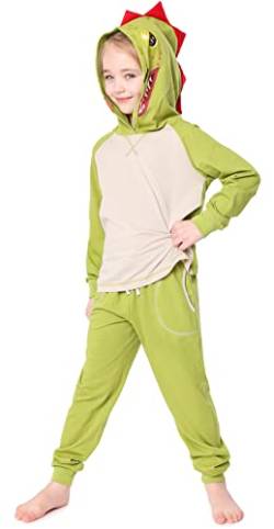 Ladeheid Kinder Mädchen Jungen Langarm Schlafanzug aus Baumwolle Tierkostüm Pyjama bunt mit Tiermotiv Verkleidung mit Kapuze LA40-236 (Grün Dino, 110-116) von Ladeheid