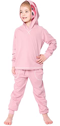 Ladeheid Kinder Mädchen Jungen Langarm Schlafanzug aus Baumwolle Tierkostüm Pyjama bunt mit Tiermotiv Verkleidung mit Kapuze LA40-236 (Rosa Schweinchen, 146-152) von Ladeheid
