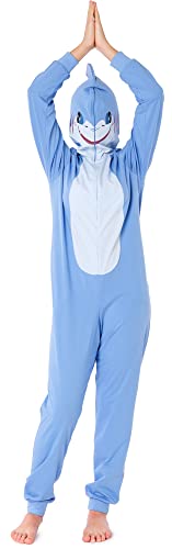 Ladeheid Mädchen Teenager Schlafoverall aus Baumwolle Tierkostüm Jumpsuit bunt Tiermotiv Verkleidung mit Kapuze LA40-233 (Blau Hai, 176) von Ladeheid