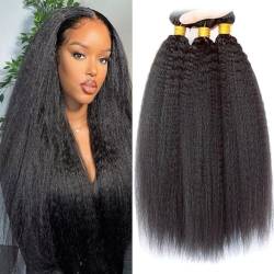 Ladiary Hair 9A Yaki Kinky Glattes Echthaar 3 Bündel, 100% Unverarbeitetes Brasilianisches Reines Echthaar Weave Extensions Natural Color (16 18 20 Zoll) von Ladiaryf