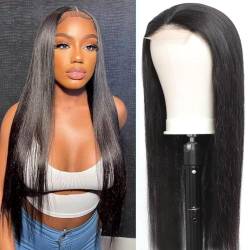 Ladiary Hair Straight Lace Closure Wig Echthaar Perücke Glueless 4x4 Lace Wig Long Bleached Knots Virgin Brazilian Human Hair 180% Density Wig with Baby Hair 28 zoll von Ladiaryf