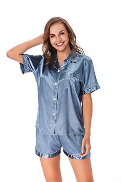 Damen Pyjama Set, Langarm/Kurzarm Nachtwsche aus Satin-Seide Einfarbig Pyjama Set Schlafanzug f¡§1r Damen mit Knopfleiste Nachtw?sche Loungewear 2-teilige Sets von Ladieshow