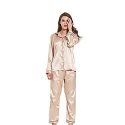 Damen Pyjama Set, Nachtw?sche Schlafanzug Satin Seide Langen ?rmeln Einfarbig Ganze Jahr ¨¹ber (Champagne Gold, M) von Ladieshow