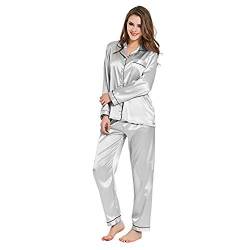 Damen Pyjama Set, Nachtw?sche Schlafanzug Satin Seide Langen ?rmeln Einfarbig Ganze Jahr ¨¹ber (Grau, L) von Ladieshow