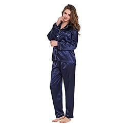 Damen Pyjama Set, Nachtw?sche Schlafanzug Satin Seide Langen ?rmeln Einfarbig Ganze Jahr ¨¹ber (Navy blau, L) von Ladieshow