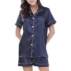 Ladieshow Damen Pyjama Set, Langarm/Kurzarm Nachtwsche aus Satin-Seide Einfarbig Pyjama Set Schlafanzug f¡§1r Damen mit Knopfleiste Nachtw?sche Loungewear 2-teilige Sets von Ladieshow