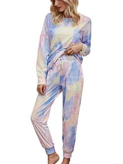 Ladieshow Damen-Pyjama-Set mit Batikfärbung,modisch lange Ärmel Asleep Loungewear Zuhause lässige Nachtwäsche zweiteiliger Anzug mit Tasche Sweat-Anzüge lange Jogger, violett ,L von Ladieshow