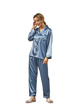 Satin Damen Schlafanzug, Pyjamas Satin mit Knopfleiste Schlafanzug Lange Ärmel Sleepwear Zweiteiliger PJ Set Nachtwäsche Hausanzug Gray Blue, M von Ladieshow