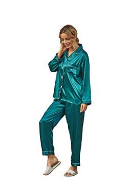 Satin Damen Schlafanzug，Pyjamas Satin mit Knopfleiste Schlafanzug Lange Ärmel Sleepwear Zweiteiliger PJ Set Nachtwäsche Hausanzug grün,S von Ladieshow