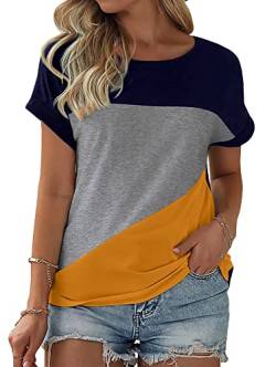 Damen Color Block Kurzarm Tops Casual Sommer T-Shirt, Marineblau, Grau, Gelb, Mittel von Ladiyo