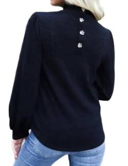 Damen Bluse mit Knopfleiste hinten, Ballonärmel, locker, lässig, Workout, O-Ausschnitt, 01 Schwarz, Groß von Ladmous