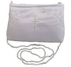 LadyMYP© Brauttasche/Brautbeutel/Handtasche mit Perlen-Blümchen und Perlen in Kreuzform mit Perlenkette für Hochzeit Kommunion weiß/ivory NEU (weiß LB) von LadyMYP